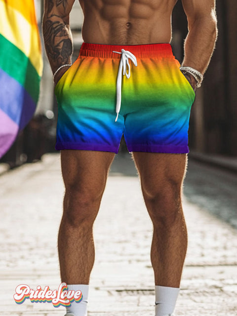 Rainbow Gradient LGBTQ Gay Print Men’s Beach Shorts Multicolor / S