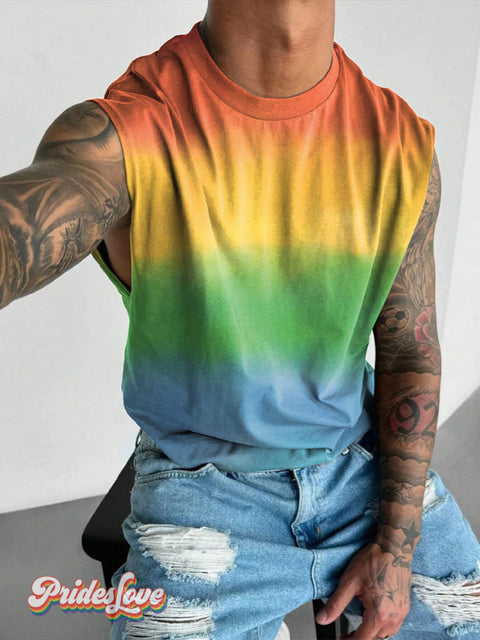 Rainbow Gradient Smudge LGBTQ Gay Print Men’s Wide Shoulder Vest Multicolor / S