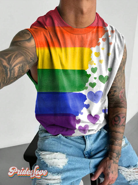 Rainbow Gradient Stripes Heart LGBTQ Gay Print Men’s Wide Shoulder Vest Multicolor / S