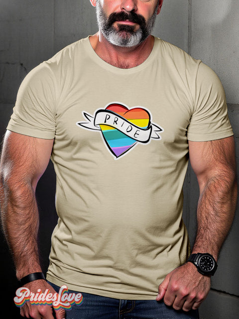 Rainbow Heart Pride Rainbow LGBTQ Gay Print T-shirt Sand / S