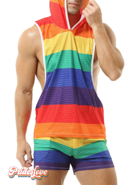 Rainbow hooded men’s V-neck cutout sleeveless Casual Top