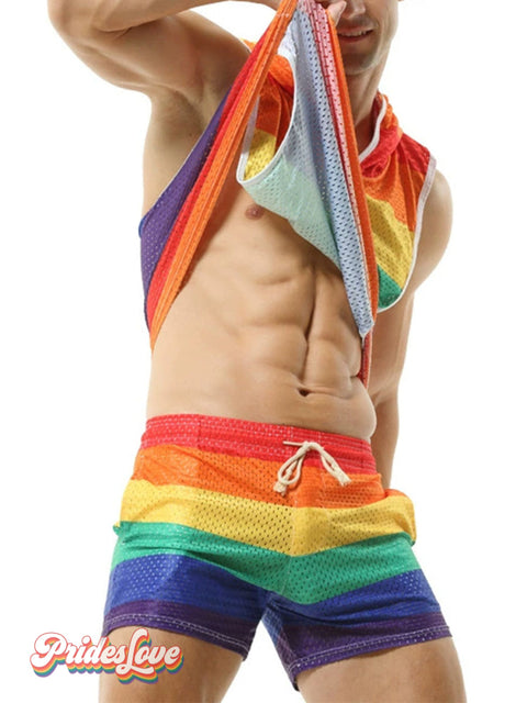 Rainbow hooded men’s V-neck cutout sleeveless Casual Top