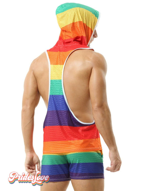 Rainbow hooded men’s V-neck cutout sleeveless Casual Top