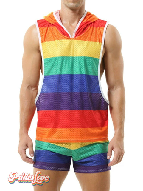 Rainbow hooded men’s V-neck cutout sleeveless Casual Top Multicolor / S