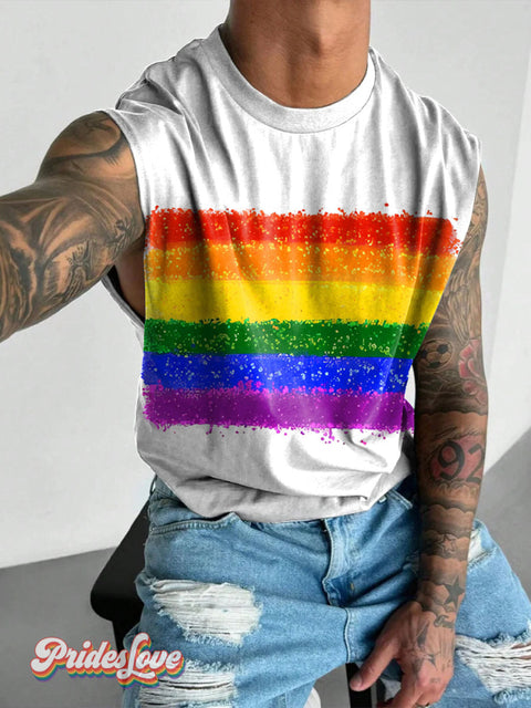 Rainbow LGBTQ Pride Flag Gay Print Men’s Wide Shoulder Vest Multicolor / S