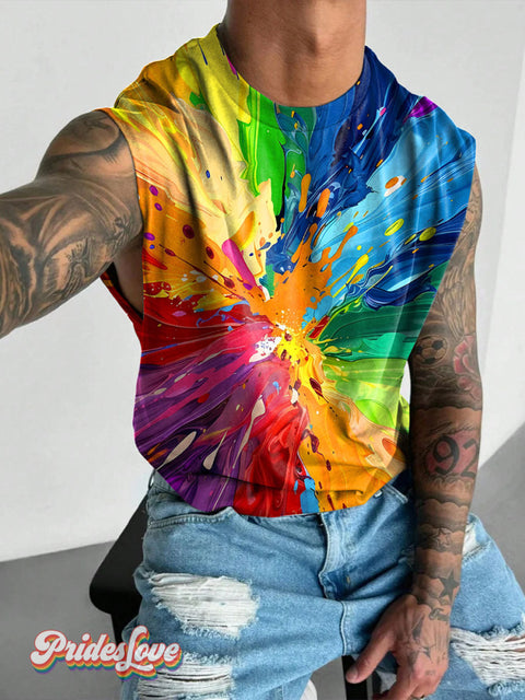 Rainbow Paint spatter LGBTQ Gay Print Men’s Wide Shoulder Vest Multicolor / S
