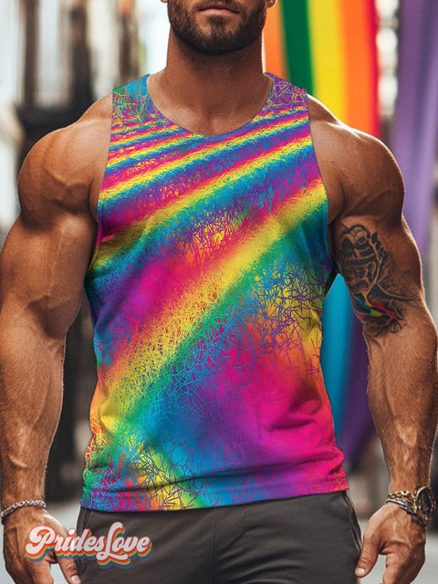 Rainbow Paint Splatter Gradient Stripes LGBTQ Gay Print Men’s Tank Top Multicolor / S