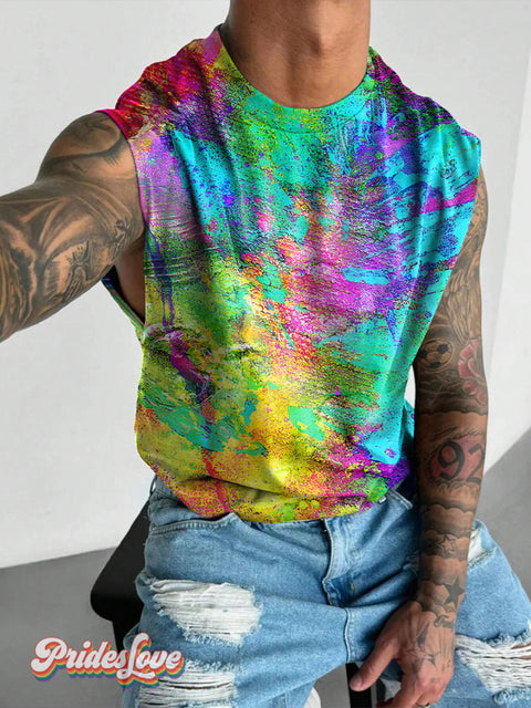 Rainbow Paint Splatter Ink Spots LGBTQ Gay Print Men’s Wide Shoulder Vest Multicolor / S