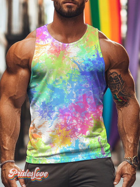 Rainbow Paint Splatter LGBTQ Gay Print Men’s Tank Top Multicolor / S