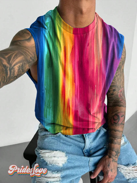 Rainbow Paint Splatter LGBTQ Gay Print Men’s Wide Shoulder Vest Multicolor / S