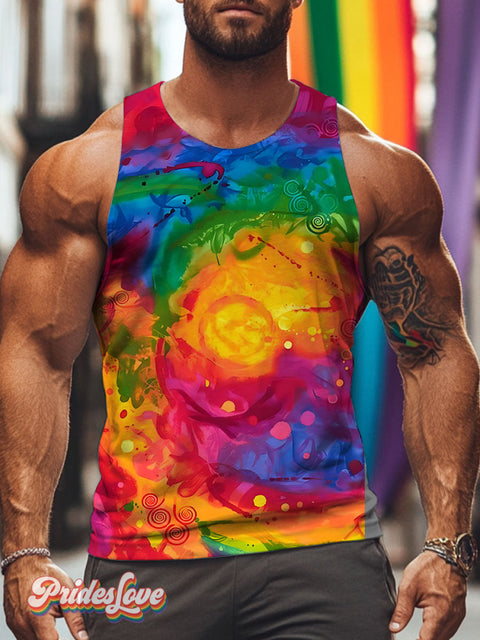 Rainbow Paint Splatter Tie Dye LGBTQ Gay Print Men’s Tank Top Multicolor / S