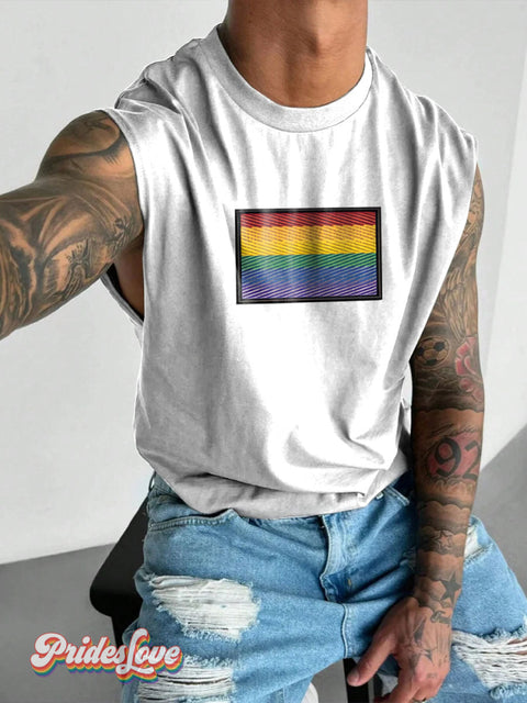 Rainbow Pride Flag LGBTQ Gay Print Men’s Wide Shoulder Vest Multicolor / S