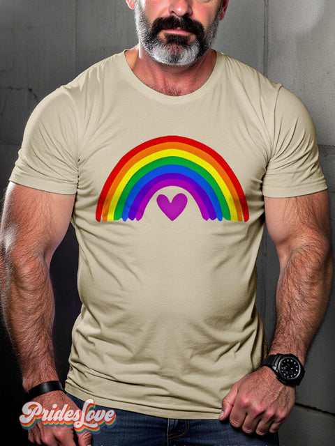Rainbow Pride Heart LGBTQ Gay Print T-shirt Sand / S