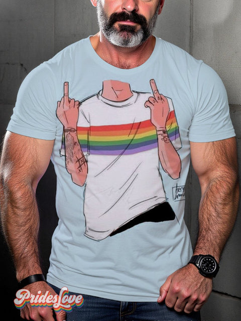 Rainbow Retro Fingers Up Art Illustration Pattern Lgbt Print T-Shirt Multicolor / S