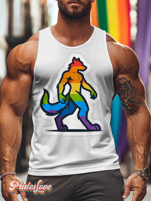 Rainbow Retro Wolf Art Illustration Pattern Lgbt Print Men’s Tank Top Multicolor / S