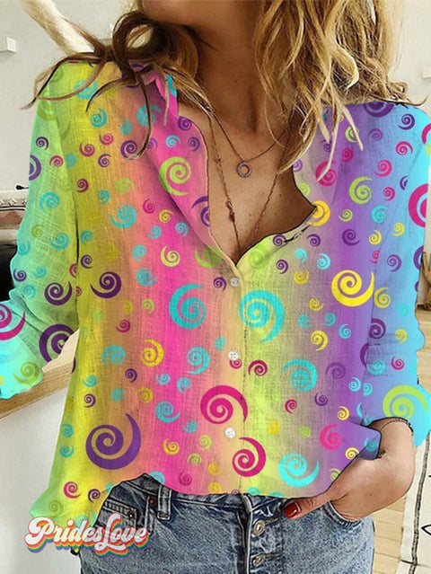 Rainbow Spiral Graffiti Art Illustration Pattern Print Women’s Casual Shirt Colorful / S