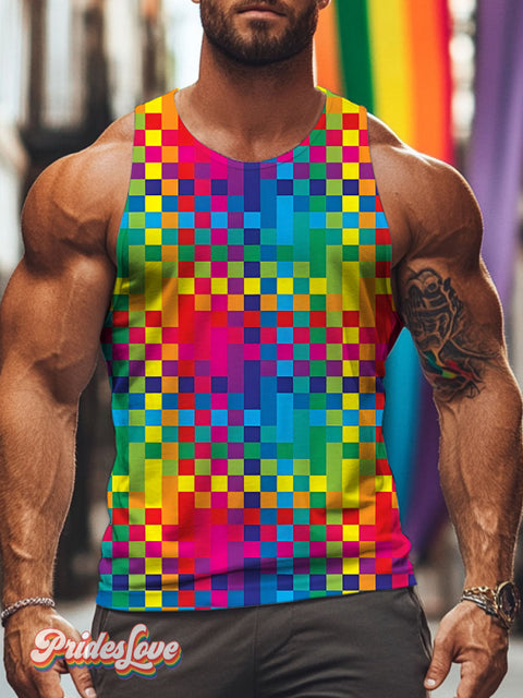 Rainbow Square lattice LGBTQ Gay Print Men’s Tank Top Multicolor / S