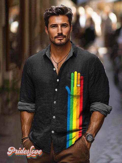 Rainbow Stripes Hand Paint Lgbt Pride Print 100% Cotton Long Sleeve Shirt Multicolor / S
