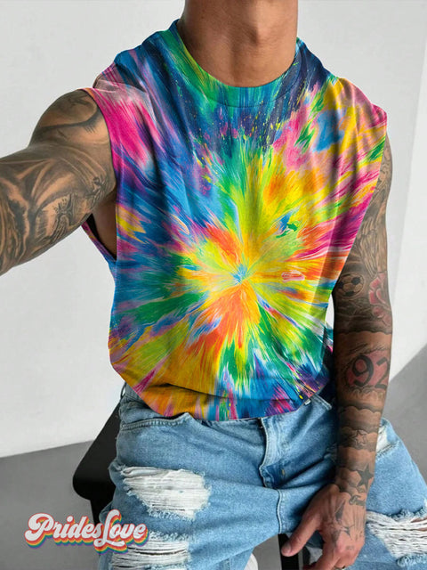 Rainbow Tie Dye Doodle LGBTQ Gay Print Men’s Wide Shoulder Vest Multicolor / S