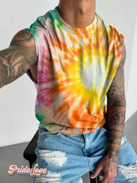 Rainbow Tie Dye Ink Spots LGBTQ Gay Print Men’s Wide Shoulder Vest Multicolor / S