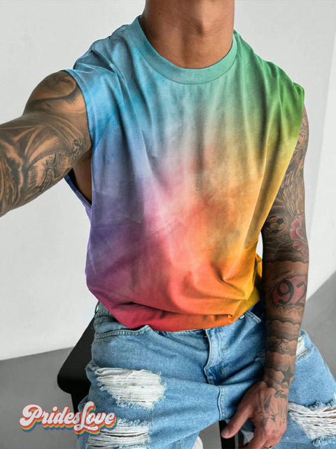 Rainbow Tie Dye Paint Splatter LGBTQ Gay Print Men’s Wide Shoulder Vest Multicolor / S
