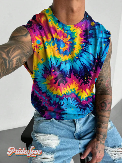 Rainbow Tie Dye Smudge Doodle LGBTQ Gay Print Men’s Wide Shoulder Vest Multicolor / S