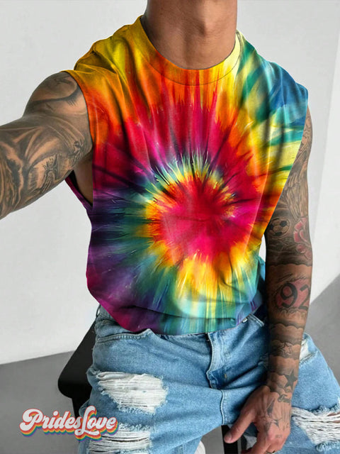 Rainbow Tie Dye Smudge LGBTQ Gay Print Men’s Wide Shoulder Vest Multicolor / S