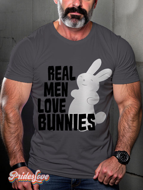Real Men Love Bunnies Rainbow LGBTQ Gay Print T-shirt Gray / S
