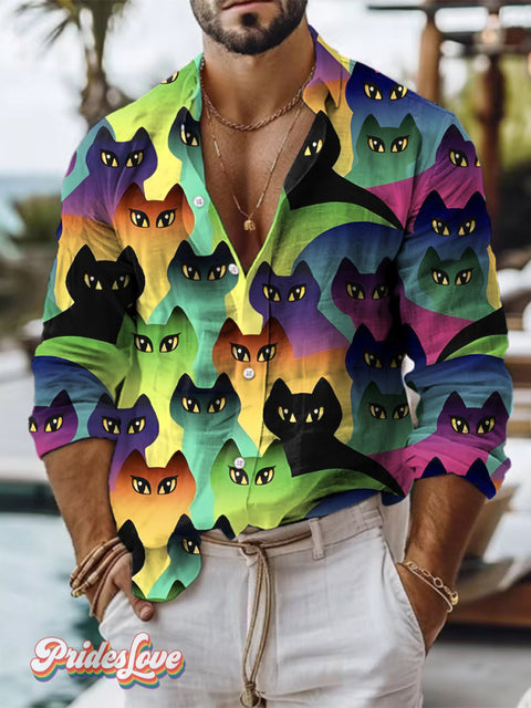 Retro Art Multicolor Rainbow Cat Print 100% Cotton Long Sleeve Shirt / S