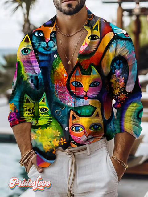 Retro Art Multicolor Rainbow Cat Print 100% Cotton Long Sleeve Shirt / S