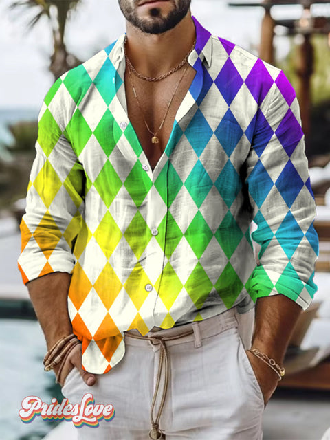 Retro Art Multicolor Rainbow Diamond Print 100% Cotton Long Sleeve Shirt / S