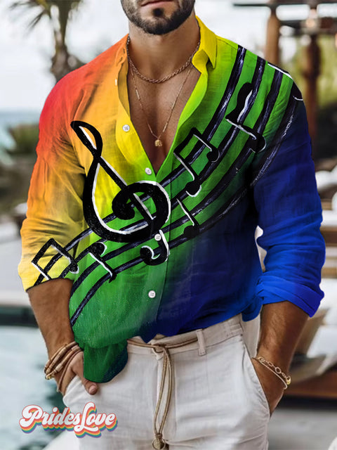 Retro Art Multicolor Rainbow Music Print 100% Cotton Long Sleeve Shirt / S