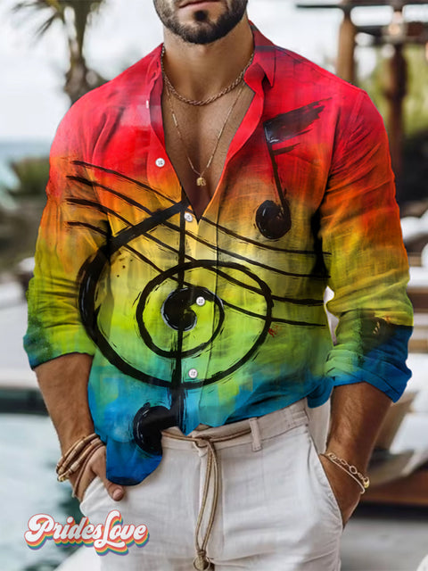 Retro Art Multicolor Rainbow Music Print 100% Cotton Long Sleeve Shirt / S