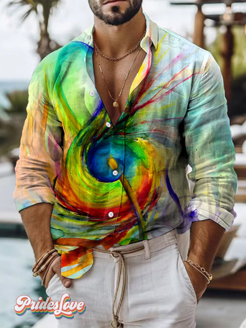 Retro Art Multicolor Rainbow Print 100% Cotton Long Sleeve Shirt / S