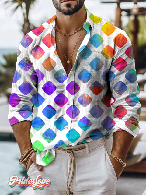 Retro Art Multicolor Rainbow Print 100% Cotton Long Sleeve Shirt / S