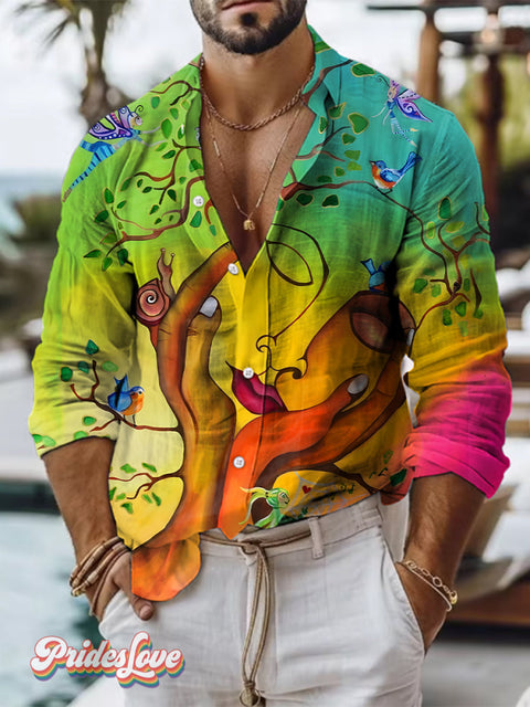 Retro Art Multicolor Rainbow Tree Print 100% Cotton Long Sleeve Shirt / S