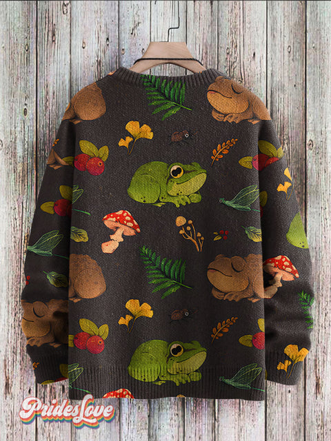 Retro Cute Frog Mushroom Art Print Knit Pullover Sweater