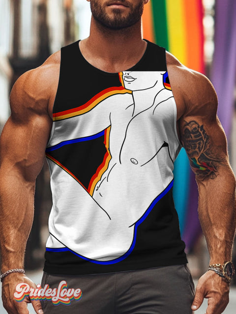 Retro lines art of the Male Body Rainbow LGBTQ Gay Print Men’s Tank Top Multicolor / S