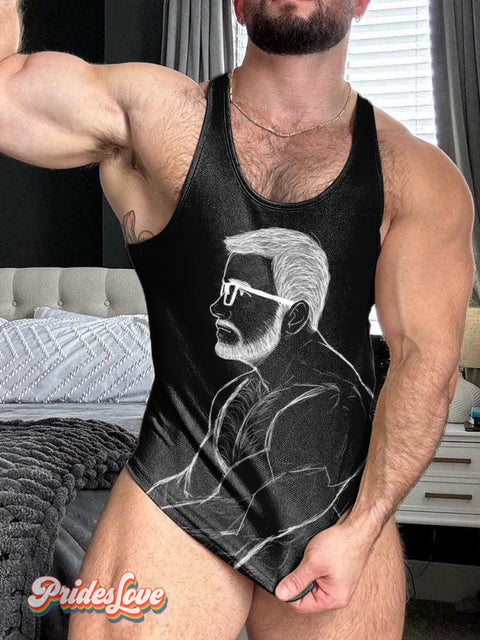 Retro Men’s Textured Muscle Glasses Beard Print 100% Cotton Casual Vest Multicolor / S