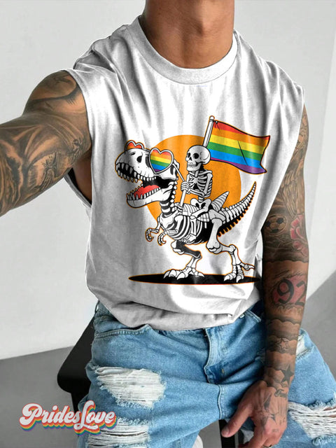 Skeleton Dinosaur Pride Rainbow LGBTQ Gay Print Men’s Wide Shoulder Vest Multicolor / S