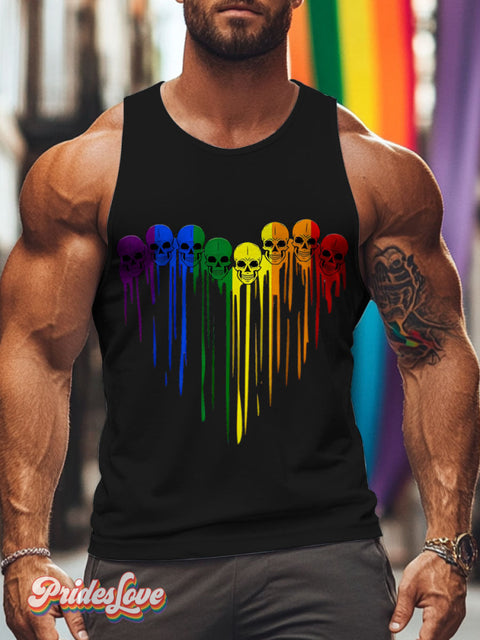 Skull Paint run Heart Rainbow LGBTQ Gay Print Men’s Tank Top Multicolor / S