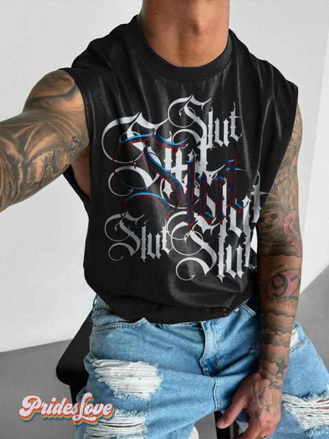 SLUT Gothic style letters Rainbow LGBTQ Gay Print Men’s Wide Shoulder Vest Multicolor / S