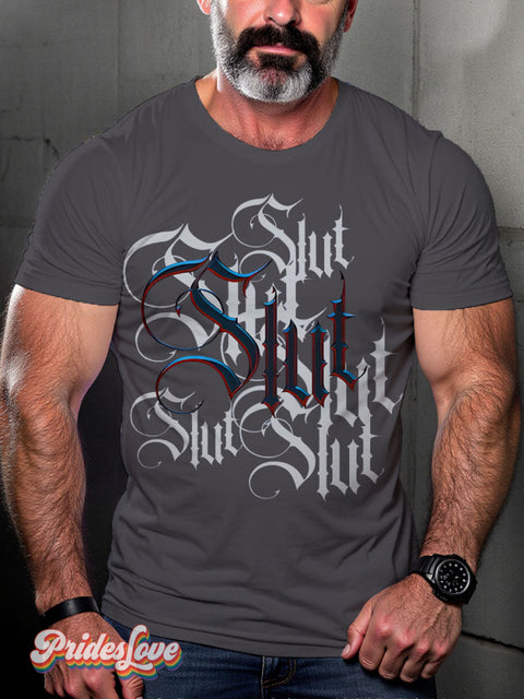 SLUT Gothic style letters Rainbow LGBTQ Gay Print T-shirt Gray / S