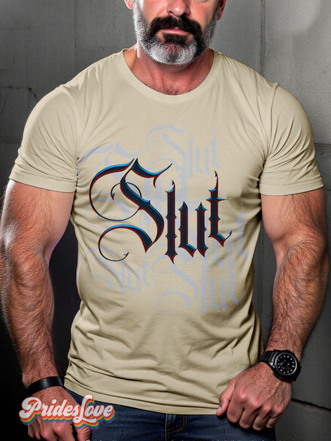 SLUT Gothic style letters Rainbow LGBTQ Gay Print T-shirt Sand / S