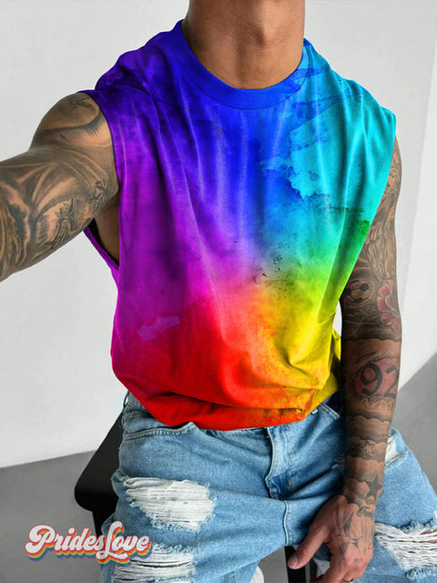 Smudge Paint Splatter Rainbow LGBTQ Gay Print Men’s Wide Shoulder Vest Multicolor / S