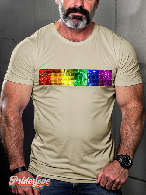 Sparkle Rainbow Gradient Stripes LGBTQ Gay Print T-shirt Sand / S