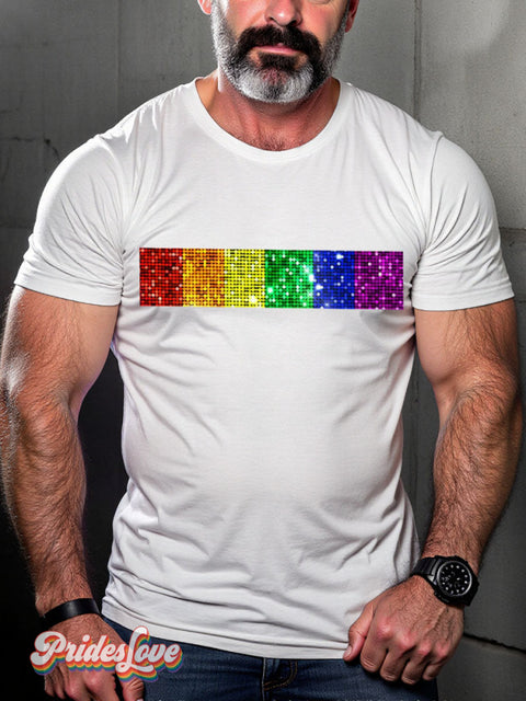 Sparkle Rainbow Gradient Stripes LGBTQ Gay Print T-shirt White / S