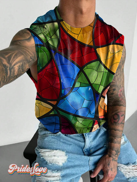 Splice Gradient Stripes Rainbow LGBTQ Gay Print Men’s Wide Shoulder Vest Multicolor / S