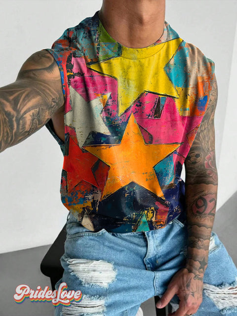 Star Ink Spots Doodle Rainbow LGBTQ Gay Print Men’s Wide Shoulder Vest Multicolor / S