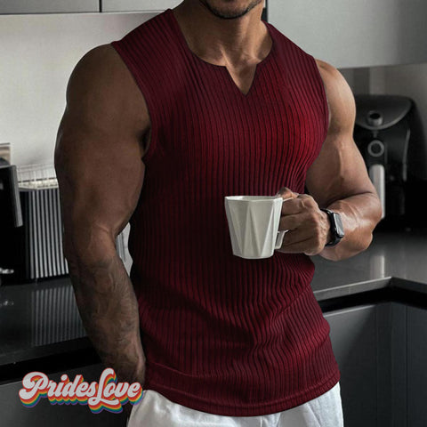 Summer Knitted Vertical Stripes Fitness Sports Casual Slim Vest Red / M